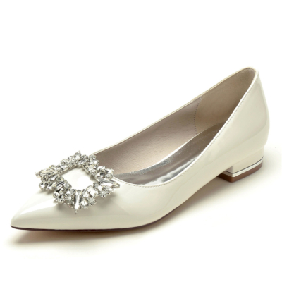 Beige Jewelled Buckle Work Pumps Shoes Flats with Pointy Toe