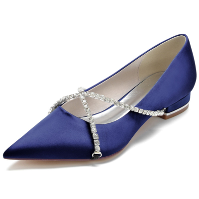 Navy Jewelled Cross Chain Flats Pumps Pointed Toe Satin Flat