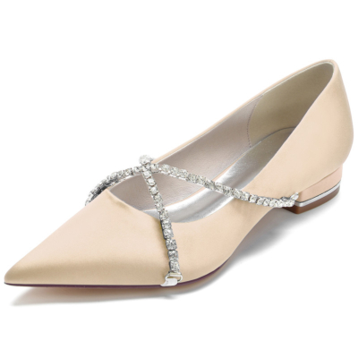 Champagne Jewelled Cross Chain Flats Pumps Pointed Toe Satin Flat