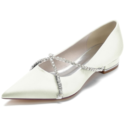 Ivory Jewelled Cross Chain Flats Pumps Pointed Toe Satin Flat
