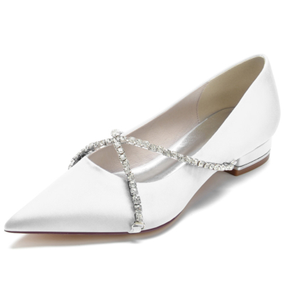 White Jewelled Cross Chain Flats Pumps Pointed Toe Satin Flat