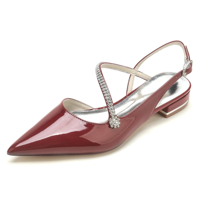 Burgundy Jewelled Cross Strap Pointed Toe Backless Comfy Flats Shoes for Work