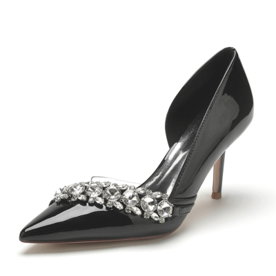 Black Jewelled Embellishment D'orsay Shoes Pointed Toe Dance Heels for Dress