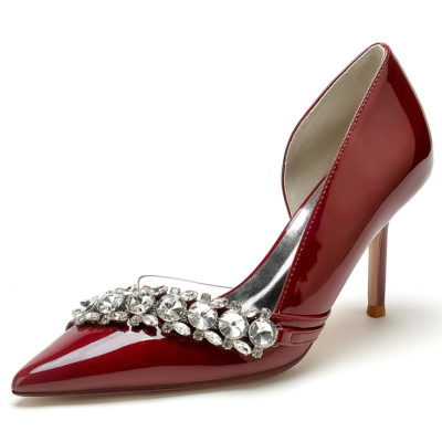 Burgundy Jewelled Embellishment D'orsay Shoes Pointed Toe Dance Heels for Dress