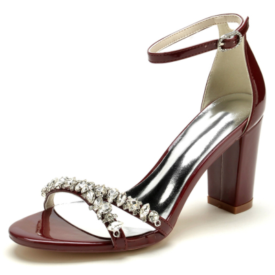 Burgundy Jewelled Embellishments Ankle Strap Sandals with Block Heels
