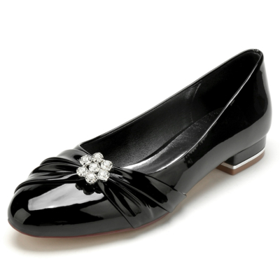 Black Jewelled Flower Round Toe Slip On Ruffle Ballet Flats
