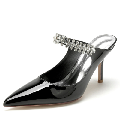 Black Jewelled Mulled Pointed Toe Stiletto Heel Bridal Slingback Shoes