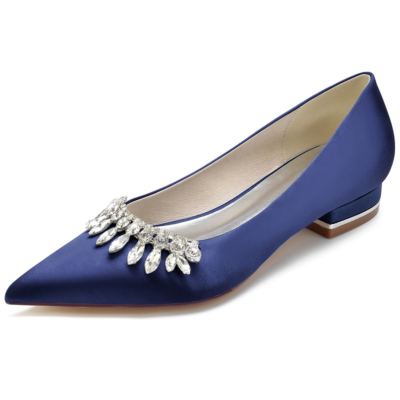 Navy Jewelled Satin Flats Pointed Toe Bridal Pumps Shoes
