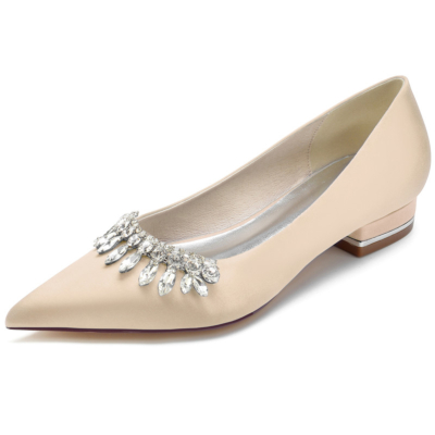 Champagne Jewelled Satin Flats Pointed Toe Bridal Pumps Shoes