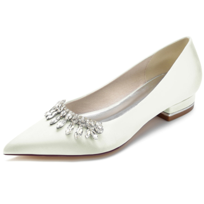 Ivory Jewelled Satin Flats Pointed Toe Bridal Pumps Shoes