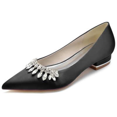 Black Jewelled Satin Flats Pointed Toe Bridal Pumps Shoes