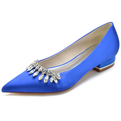 Royal Blue Jewelled Satin Flats Pointed Toe Bridal Pumps Shoes