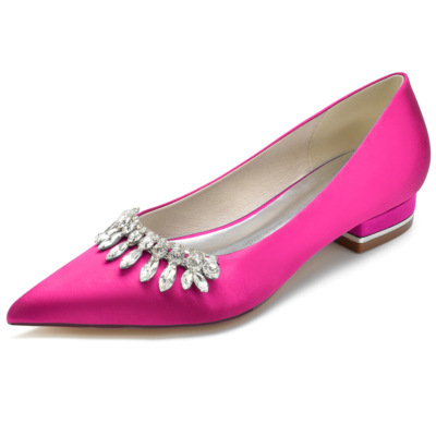 Magenta Jewelled Satin Flats Pointed Toe Bridal Pumps Shoes