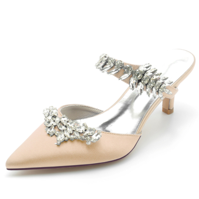 Champagne Jewelled Satin Kitten Heel Mules Shoes Wedding Women Heels
