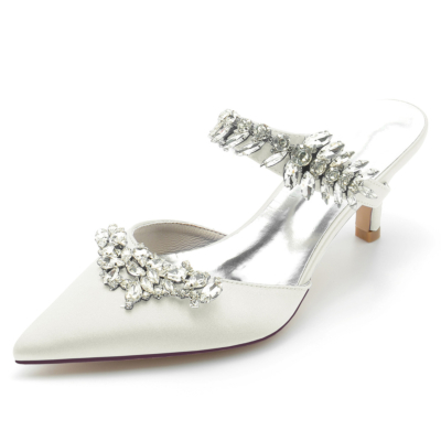 Ivory Jewelled Satin Kitten Heel Mules Shoes Wedding Women Heels
