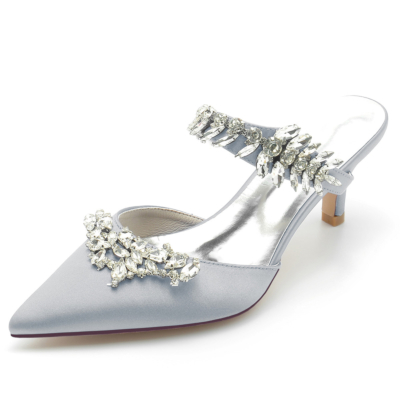 Grey Jewelled Satin Kitten Heel Mules Shoes Wedding Women Heels