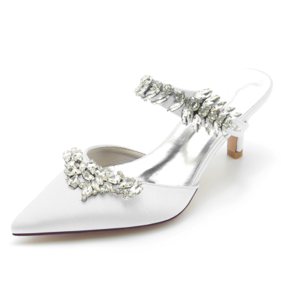 White Jewelled Satin Kitten Heel Mules Shoes Wedding Women Heels