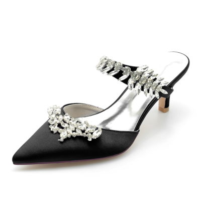 Black Jewelled Satin Kitten Heel Mules Shoes Wedding Women Heels