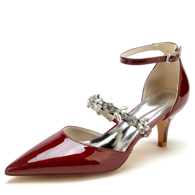 Burgundy Jewelled Strap Ankle Strap D'orsay Shoes Kitten Heels with Closed Toe