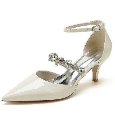 Beige Jewelled Strap Ankle Strap D'orsay Shoes Kitten Heels with Closed Toe
