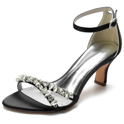 Black Jewelled Strap Ankle Strap Sandals Middle Heels Satin Wedding Shoes