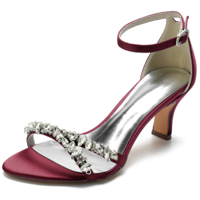 Burgundy Jewelled Strap Ankle Strap Sandals Middle Heels Satin Wedding Shoes