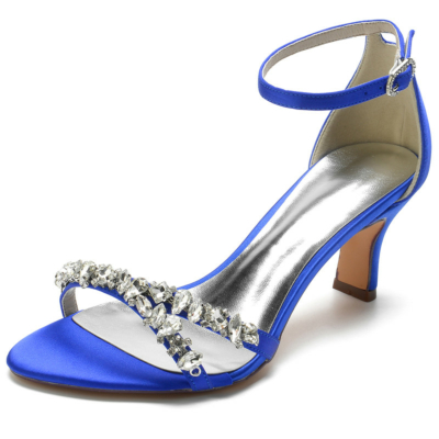 Royal Blue Jewelled Strap Ankle Strap Sandals Middle Heels Satin Wedding Shoes
