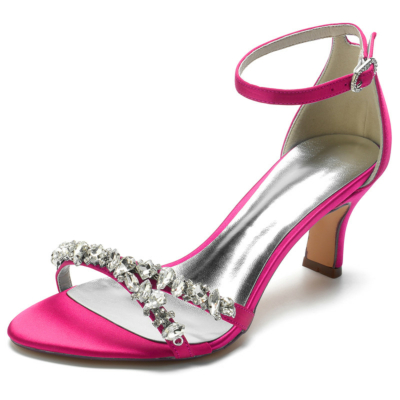 Magenta Jewelled Strap Ankle Strap Sandals Middle Heels Satin Wedding Shoes