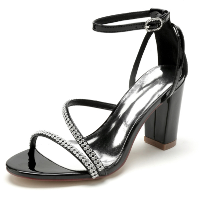 Black Jewelled Strappy Cut Out Buckle Dresses Sandals with Chunky Heels