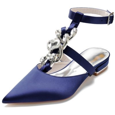 Navy Jewelled T-Strap Pointed Toe Satin Flats Rhinestones Embellishments Backless Shoes