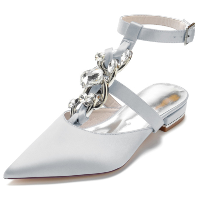 Grey Jewelled T-Strap Pointed Toe Satin Flats Rhinestones Embellishments Backless Shoes
