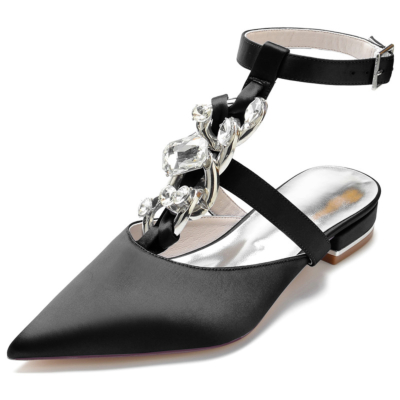 Black Jewelled T-Strap Pointed Toe Satin Flats Rhinestones Embellishments Backless Shoes