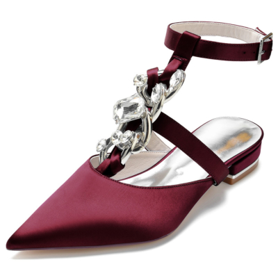 Burgundy Jewelled T-Strap Pointed Toe Satin Flats Rhinestones Embellishments Backless Shoes