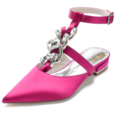 Magenta Jewelled T-Strap Pointed Toe Satin Flats Rhinestones Embellishments Backless Shoes