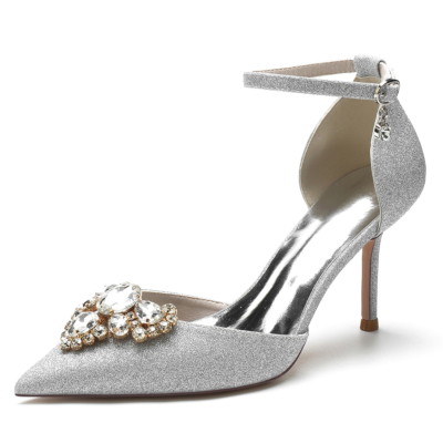 Silver Jewelry Flowers Pointed Toe Stiletto Heel Ankle Strap Glitter Pumps