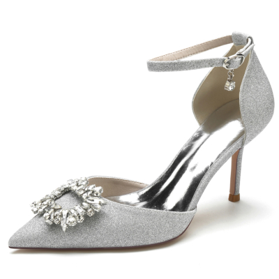Silver Pointed Toe Stiletto Heel Glitter Wedding Shoes with Rhinestone