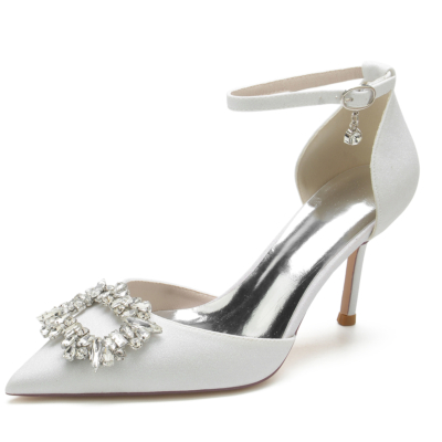 White Pointed Toe Stiletto Heel Glitter Wedding Shoes with Rhinestone
