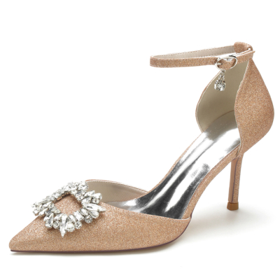 Champange Pointed Toe Stiletto Heel Glitter Wedding Shoes with Rhinestone