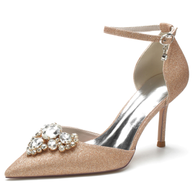 Champagne Jewelry Flowers Pointed Toe Stiletto Heel Ankle Strap Glitter Pumps