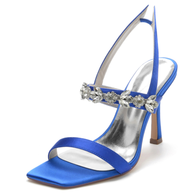 Royal Blue Jewelry Satin Open Toe Slingback Heel Sandals