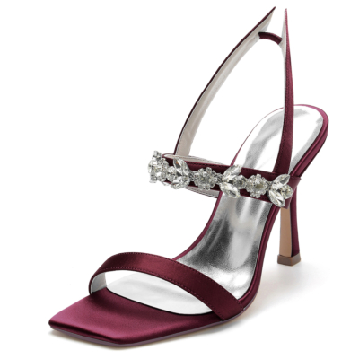 Burgundy Jewelry Satin Open Toe Slingback Heel Sandals