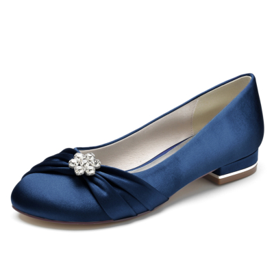 Blue Satin Round Toe Flat Wedding Shoes with Rhinestone Flowers