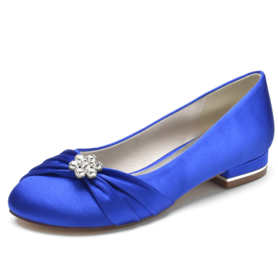 Royal Blue Satin Round Toe Flat Wedding Shoes with Rhinestone Flowers