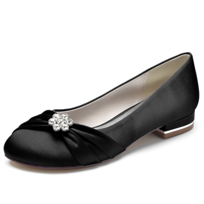 Black Satin Round Toe Flat Wedding Shoes with Rhinestone Flowers