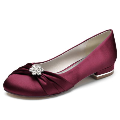 Burgundy Satin Round Toe Flat Wedding Shoes with Rhinestone Flowers