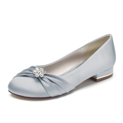 Silver Satin Round Toe Flat Wedding Shoes with Rhinestone Flowers