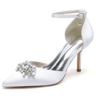 White Satin Pointed Toe Stiletto Heel Rhinestone Details Ankle Strap Wedding Shoes