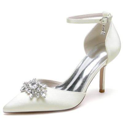 Ivory Satin Pointed Toe Stiletto Heel Rhinestone Details Ankle Strap Wedding Shoes