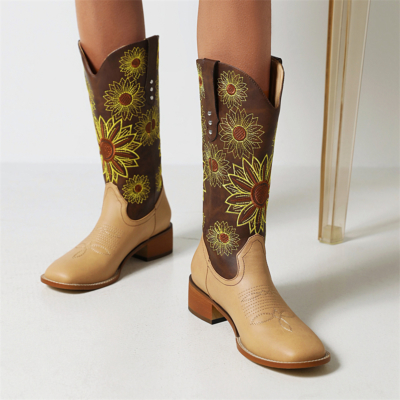 Khaki Heeled Cowboy Boots Flower Embroidery Western Wide Calf Booties