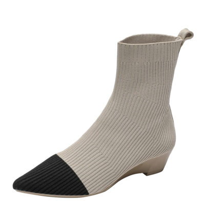 Khaki&Black Knit Ankle Boots Wedges Heels Fashion Women's Sock Booties